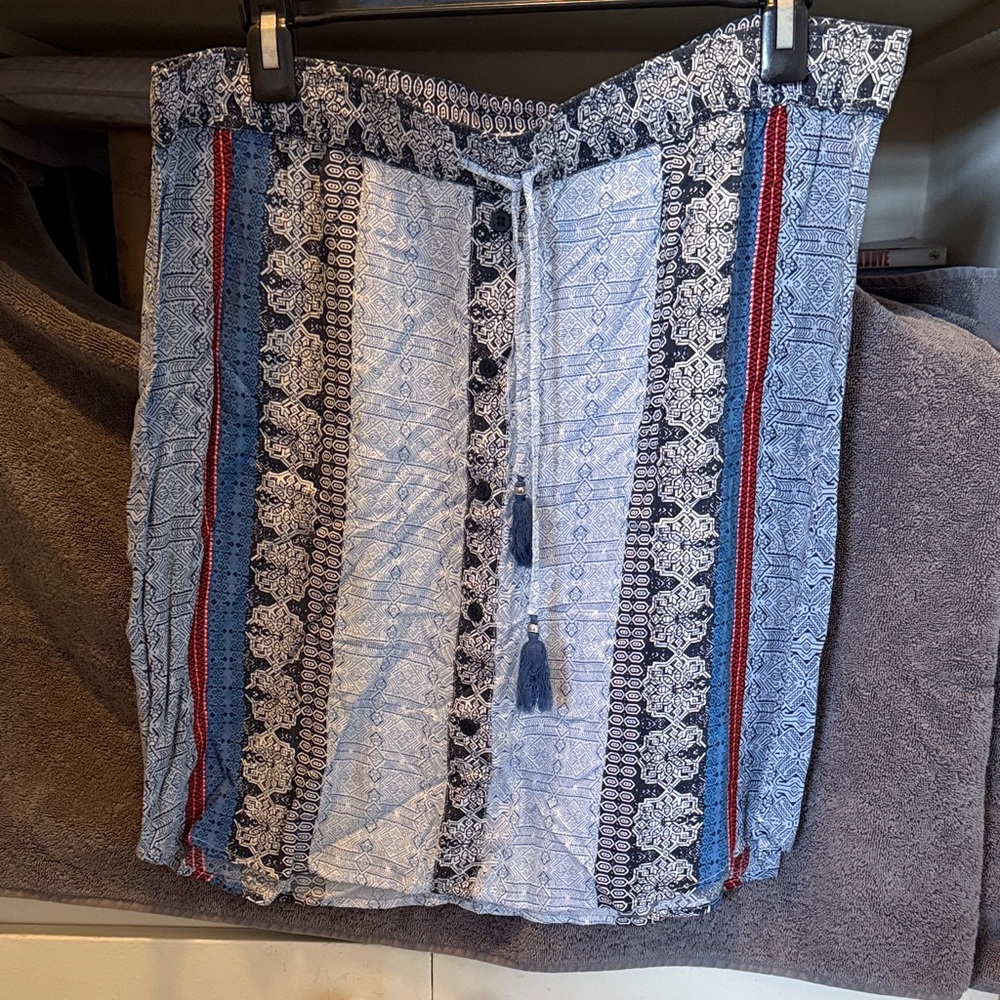 Tribal Blue and White Patterned Skirt with Red Accents